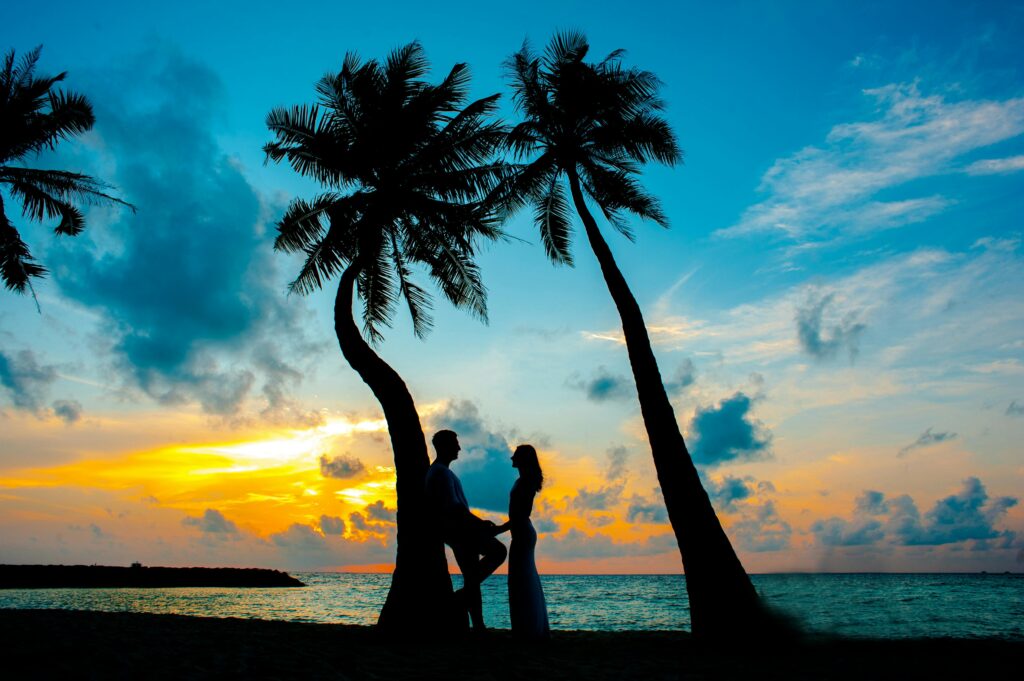 Silhouette of a couple between palm trees on a tropical beach at sunset, depicting romance and tranquility.